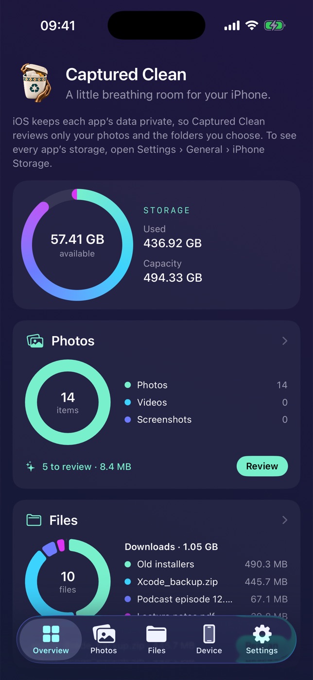 iPhone overview with storage ring, photo and file summaries