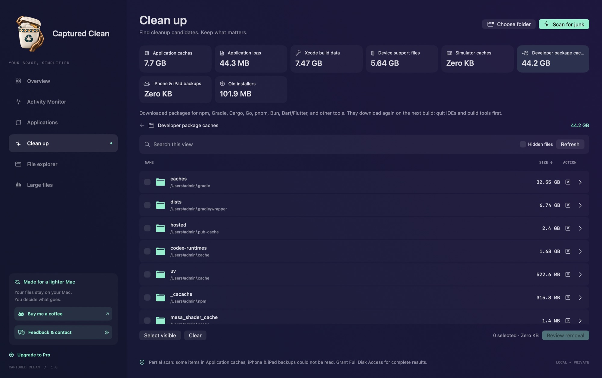 Developer package caches: Gradle 32.55 GB, Flutter pub cache 2.4 GB, npm and uv caches